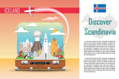 Arka plan seyahat. İzlanda yerlerinden çantayla. Web reklam afişi. Infographic Bagaj sembolleri ile. Vektör çizim. 