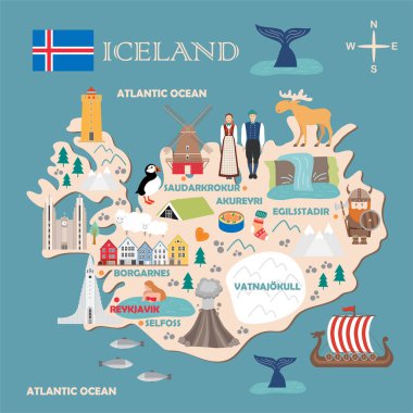 İzlanda stilize haritası. İzlanda yerler, mimarisi, ulusal bayrak ve düz stil içindeki diğer simgeler illüstrasyon seyahat. Vektör çizim