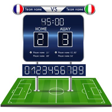 Yayın grafik futbol final skoru için. Futbol futbol maç istatistikleri playfield ile. Çetele ve numaraları. Fransa İtalya takımı karşı. Dijital arka plan vektör çizim. Infographic