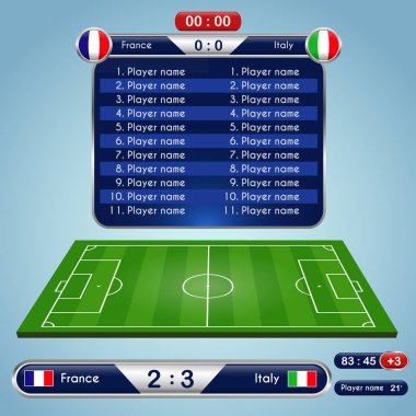 Spor programı için yayın grafik. Futbol futbol maç istatistikleri. Çetele ve futbol stadyumu playfield zemin. Fransa İtalya takımı karşı. Dijital arka plan vektör çizim. Infographic