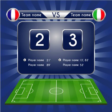 Yayın grafik futbol final skoru için. Futbol futbol maç istatistikleri. Çetele ve futbol playfield. Fransa İtalya takımı karşı. Dijital arka plan vektör çizim. Infographic
