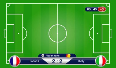 Spor programı için yayın grafik. Futbol futbol maç istatistikleri. Çetele ve futbol playfield. Fransa İtalya takımı karşı. Dijital arka plan vektör çizim. Infographic