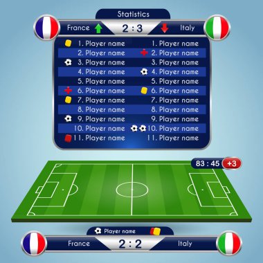 Spor programı için yayın grafik. Futbol futbol maç istatistikleri. Çetele ve futbol playfield. Fransa İtalya takımı karşı. Dijital arka plan vektör çizim. Infographic