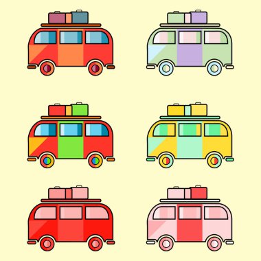 Renkli vintage hippi van. 6 simgeler izole. Vintage hippi camper otobüs vektör çizim 