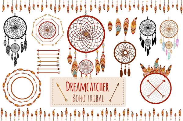Kabile Koleksiyonu Okları Tüyler Dreamcatcher Çerçeve Sınır Çiçek Öğeleri Tasarım — Stok Vektör