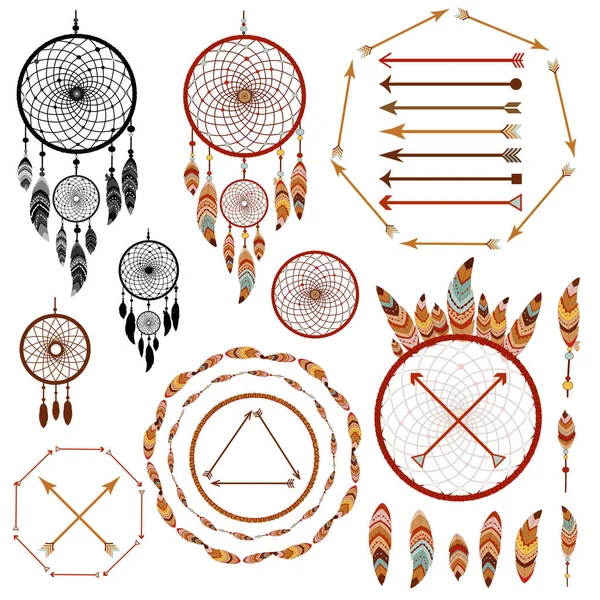 Coleção Tribal Desenhada Mão Com Setas Penas Apanhador Sonhos Moldura —  Vetores de Stock