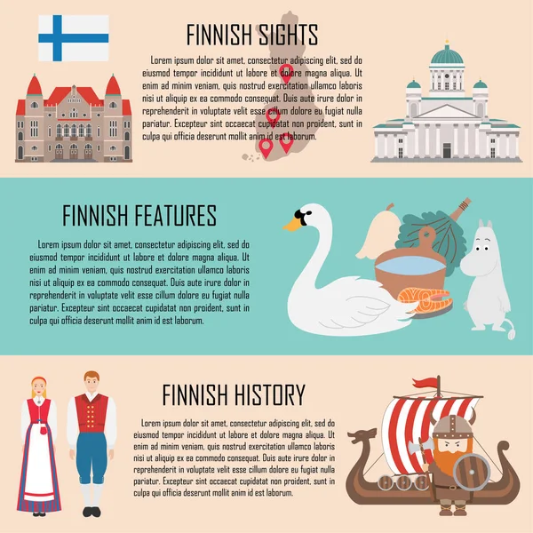 Finland Banner Med Finska Sevärdheter Funktioner Historia Vektorillustration — Stock vektor