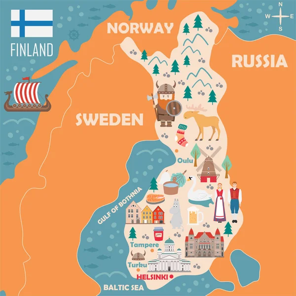 Carte Stylisée Finlande Illustration Voyage Avec Des Points Repère Danois — Image vectorielle