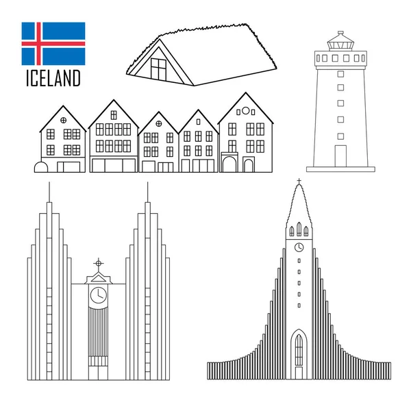 Set Con Islanda Punti Riferimento Stile Piatto Illustrazione Vettoriale — Vettoriale Stock