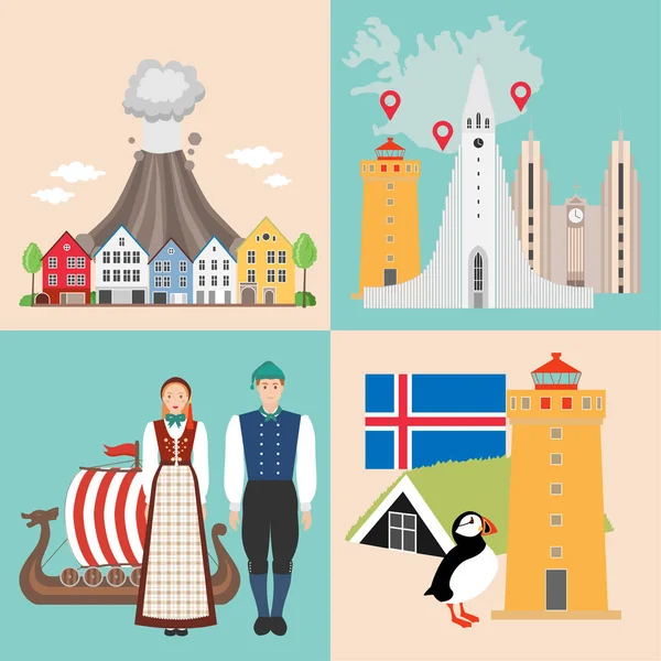 Situé Avec Des Sites Icelandiques Caractéristiques Histoire Islande Attractions Nationales — Image vectorielle