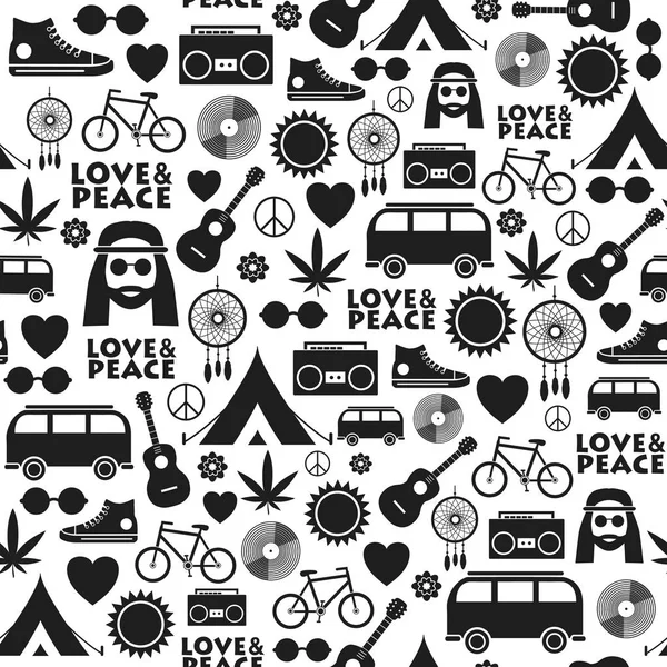 Patrón Sin Costuras Con Objetos Hippies Dibujados Mano Ilustración Vectorial — Vector de stock