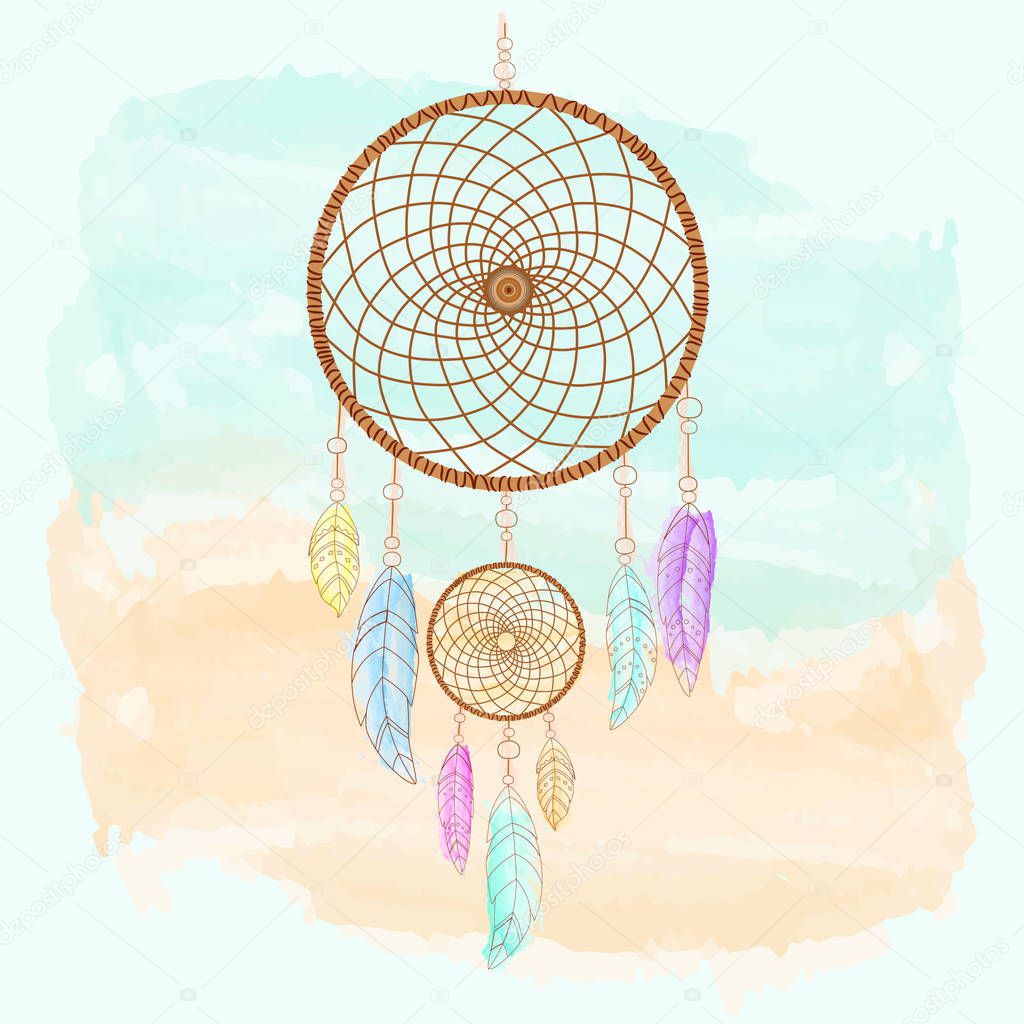 Dreamcatcher, feathers and beads watercolor. Native american indian dream catcher  in boho style.  Vector decorative elements hippie.