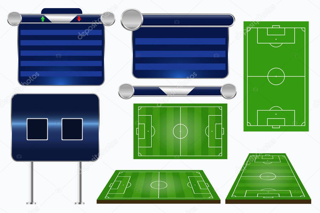 Broadcast Graphics for Sport Program. Soccer match template. Football elements and play fields. Match Infographic. Vector illustration.