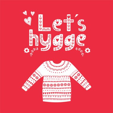 Hygge bir Danimarkalı yaşam kavramdır. Vektör arka plan el ile rahat eve şeyler çizilmiş. Yazı.