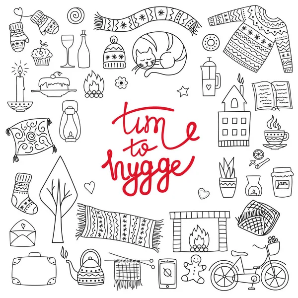 Dags Att Hygge Handritad Doodle Ikoner Set Vektor Illustration För — Stock vektor