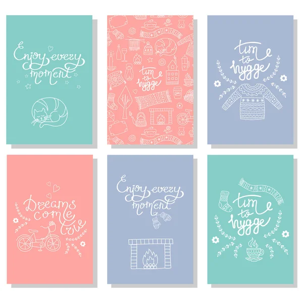 Set Hygge Cards Hand Drawn Vector Illustrations Cozy Home Things — Stock Vector