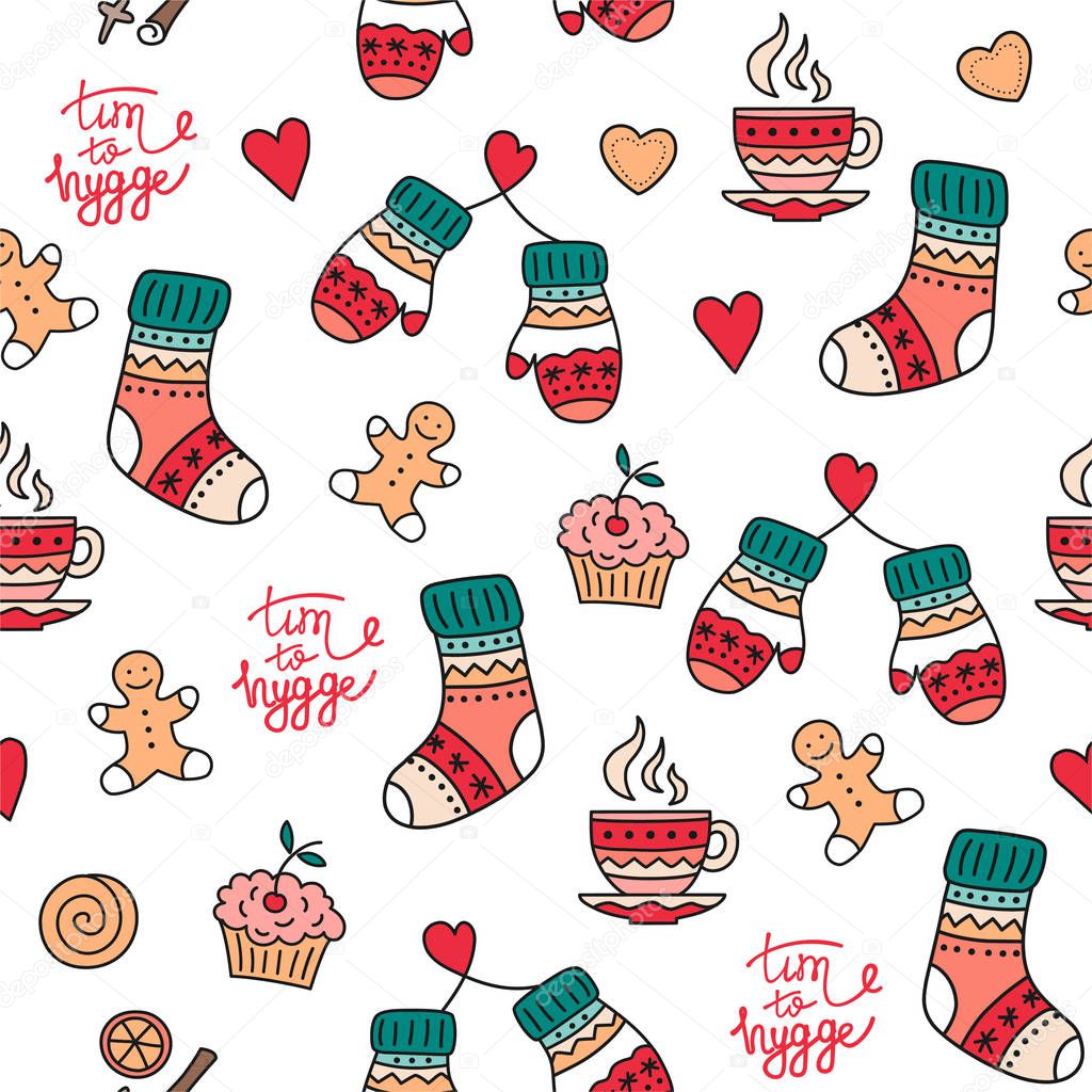 Hand drawn seamless pattern with hygge elements. Time to Hygge. Vector illustration