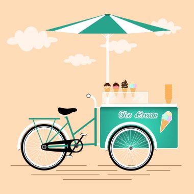 Ice cream bicycle cart vintage design, web background. Retro vending cart with parasol sunshade clipart