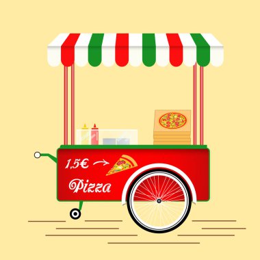 Pizza vintage sepeti, web arka plan. Aperatif yiyecek semt pazarı, düz vektör çizim. 