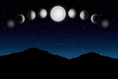 Ay ay döngüsü new moon için Dağları ile gece gökyüzünde dolunay. Vektör çizim