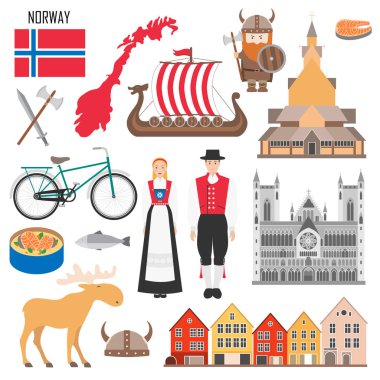 Set with Norwegian symbols: viking ship, flag of Norway, elk, costume, wooden church, salmon. Travel nordic elements in flat style. Vector illustration clipart