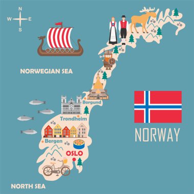 Norveç stilize haritası. Norveç yerler, mimarisi, ulusal bayrak ve düz stil içindeki diğer simgeler illüstrasyon seyahat. Vektör çizim