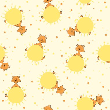 Güneş ile sevimli çizgi kedi ile Seamless modeli. Vektör çizim