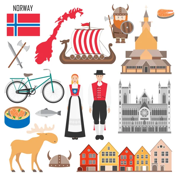 Set Con Símbolos Noruegos Barco Vikingo Bandera Noruega Alce Traje — Vector de stock