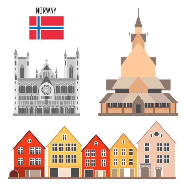 Norvegia Set Icone Riferimento Stile Piatto Cattedrale Gotica Nidaros Chiesa — Vettoriale Stock