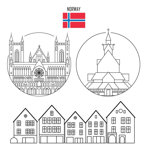 Norway Set Landmark Icons Line Style Gothic Nidaros Cathedral Stave — Stock Vector