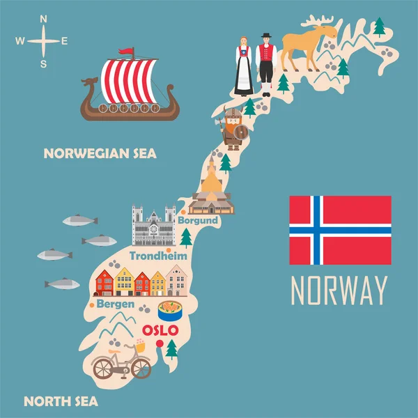 Mapa Estilizado Noruega Ilustração Viagem Com Marcos Norwegian Arquitetura Bandeira —  Vetores de Stock