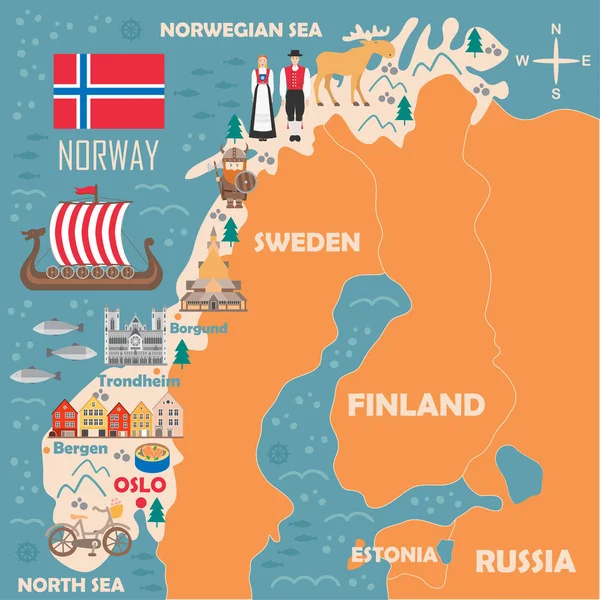 Norveç stilize haritası. Norveç yerler, mimarisi, ulusal bayrak ve düz stil içindeki diğer simgeler illüstrasyon seyahat. Vektör çizim