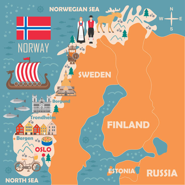 Stylized map of Norway. Travel illustration with norwegian landmarks, architecture, national flag and other symbols in flat style. Vector illustration