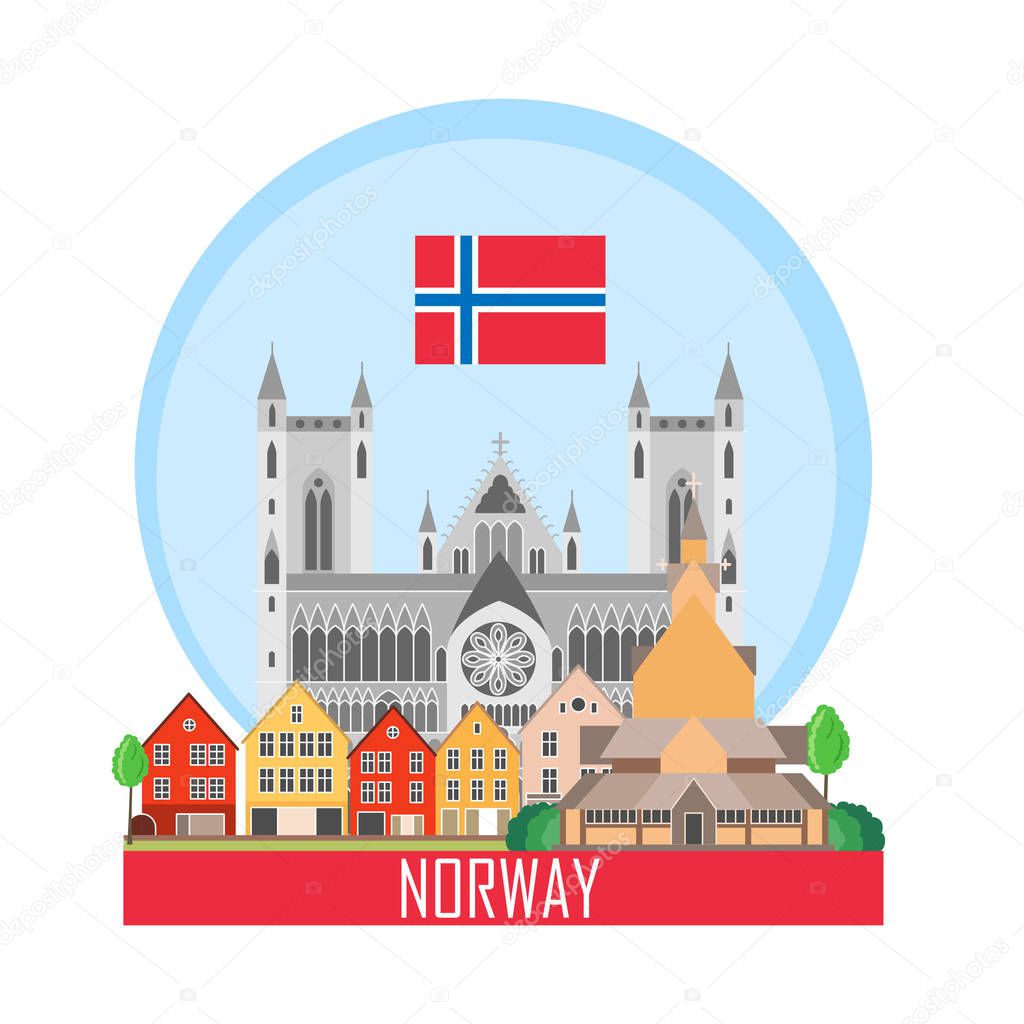 Norway background with national attractions. Icon for travel agency. Vector illustration.