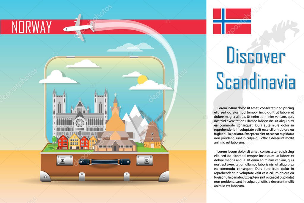 Travel background. Suitcase with landmarks of Norway. Web advertising banner. Infographic luggage with symbols. Vector illustration. 