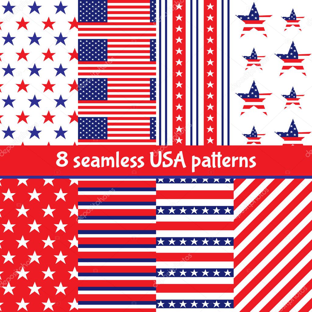 Independence Day. Memorial day. 4th of July. Set of American backgrounds. Collection of seamless patterns in traditional red, blue and white colors. USA flag. Vector illustration.  