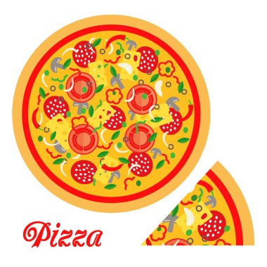 Pizza ve parça düz simgesi arka plan. Pizza menü için madde. Vektör çizim