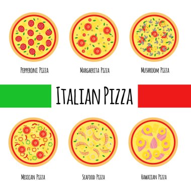 Popüler pizza pizza menü: deniz ürünleri, Meksika, Hawaii, mantar, Margherita ve biberli Pizza. Düz stil vektör çizim.