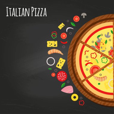 Kara tahta malzemelerle pizza parçalar. Düz stil, arka plan vektör çizim.