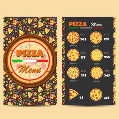 Pizza menü tasarımı. Broşür ve el ilanı düzeni şablonu. Restoran menü. Vektör çizim. 
