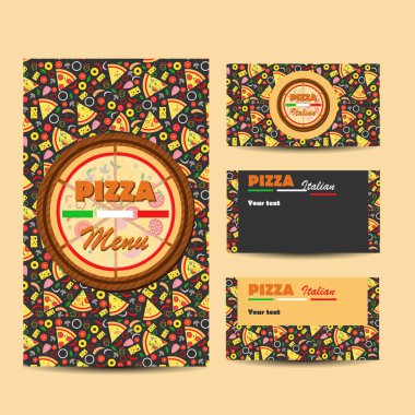 Pizza menü tasarımı. Broşür ve kart düzeni şablonu. Restoran menü. Vektör çizim. 