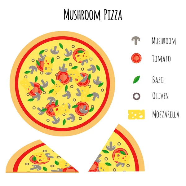 Pizza Cogumelos Com Ingredientes Ilustração Vetorial Estilo Plano — Vetor de Stock