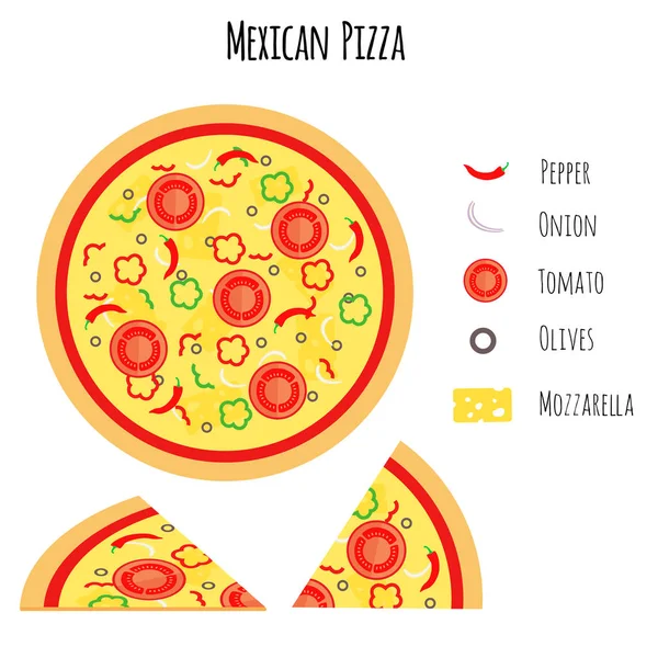 Pizza Mexicana Com Ingredientes Ilustração Vetorial Estilo Plano — Vetor de Stock