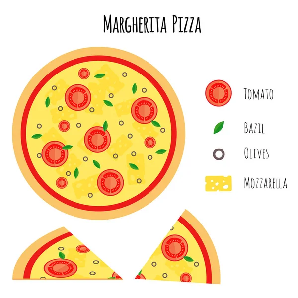 Margherita Pizza Com Ingredientes Ilustração Vetorial Estilo Plano — Vetor de Stock