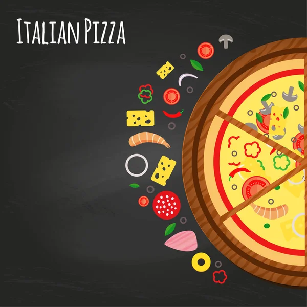 Pedaços Pizza Quadro Com Ingredientes Estilo Plano Ilustração Vetorial Fundo — Vetor de Stock