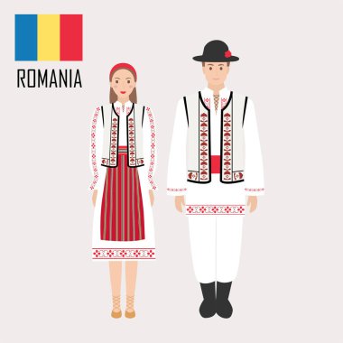 Romen erkek ve kadın geleneksel kostümleri. Romanya sembolü. Vektör çizim