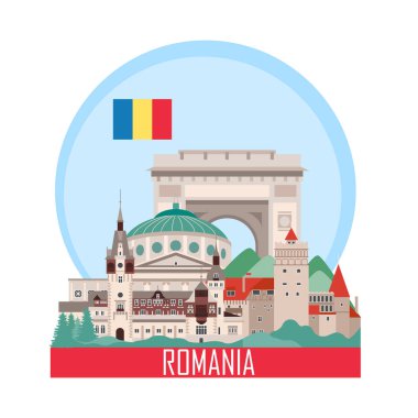 Romanya Ulusal konumlar ile arka plan. Seyahat acentası için simge. Vektör çizim.