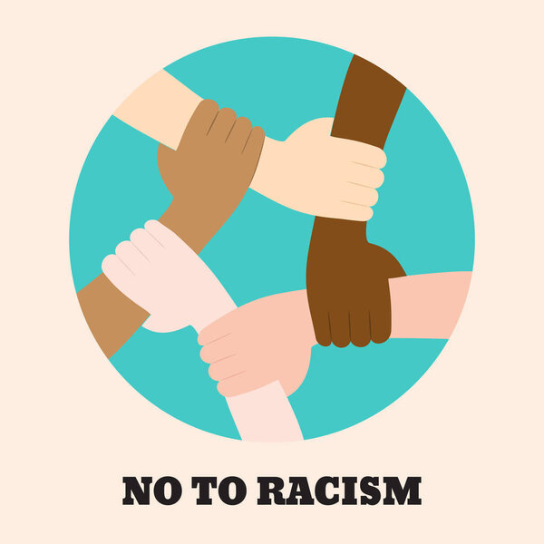 Stop racism icon. Motivational poster against racism and discrimination. Many hands of different races together in a circle. Vector Illustration