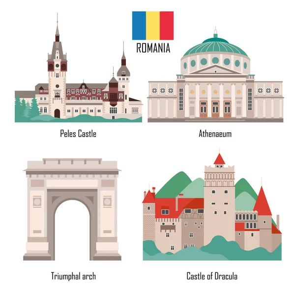 罗马尼亚一套扁平风格的地标性偶像 佩莱斯城堡 雅典娜 凯旋门和德古拉城堡 历史悠久的建筑 罗马尼亚地标 观光旅游收藏 平面卡通风格 向量例证 — 图库矢量图片