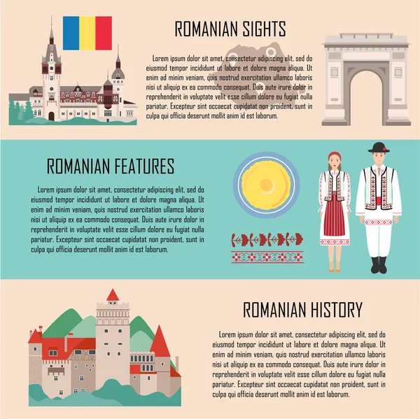 Roemenië Banner Set Met Functies Bezienswaardigheden Geschiedenis Reizen Sightseeing Collectie — Stockvector